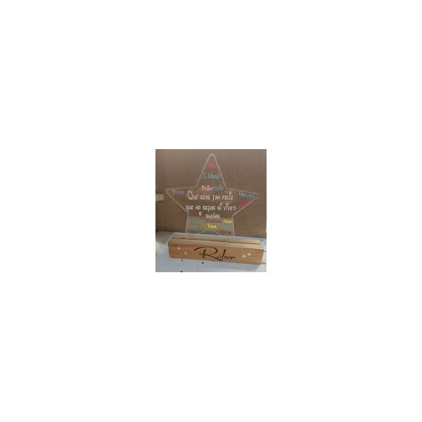 LAMPARA ACRILICA CON BASE DE MADERA ARTESANAL LED CON MENSAJE EN VINILO